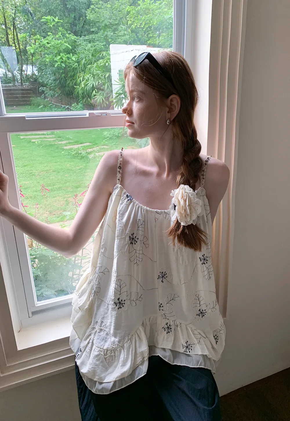 Women’s Floral-Embroidered Ruffle Cami Top