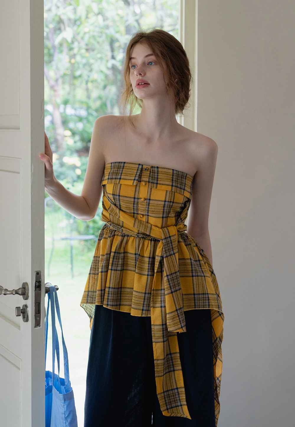 Plaid Strapless Peplum Top with Side Tie