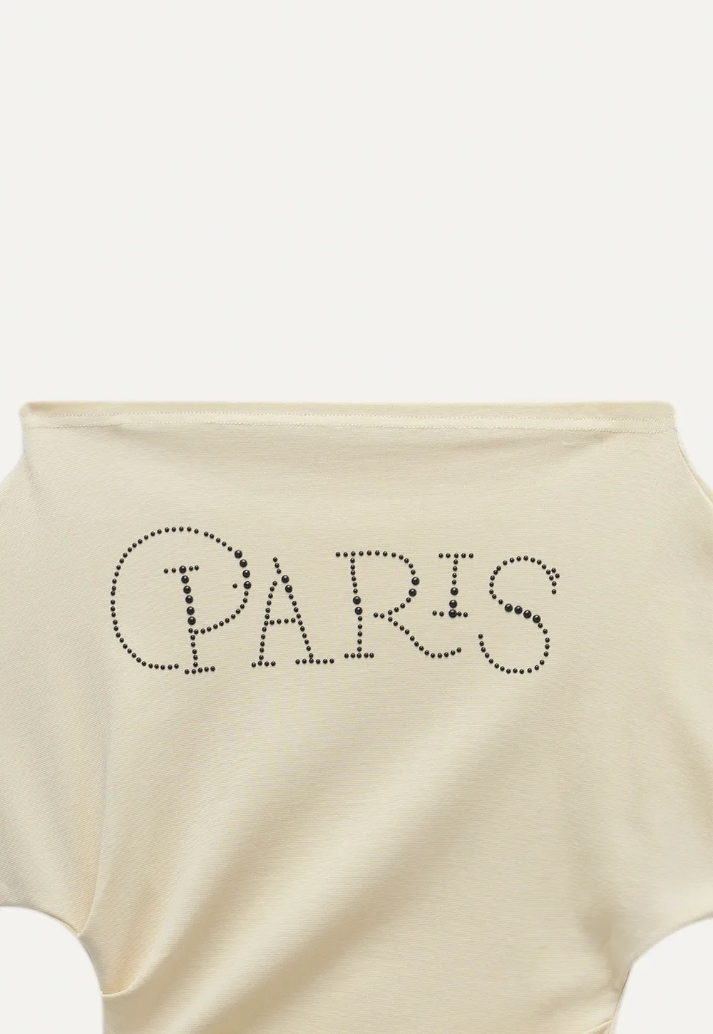 Asymmetric Off-Shoulder T-Shirt with Paris Rhinestone Lettering