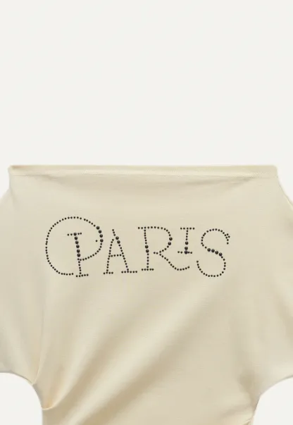 Asymmetric Off-Shoulder T-Shirt with Paris Rhinestone Lettering
