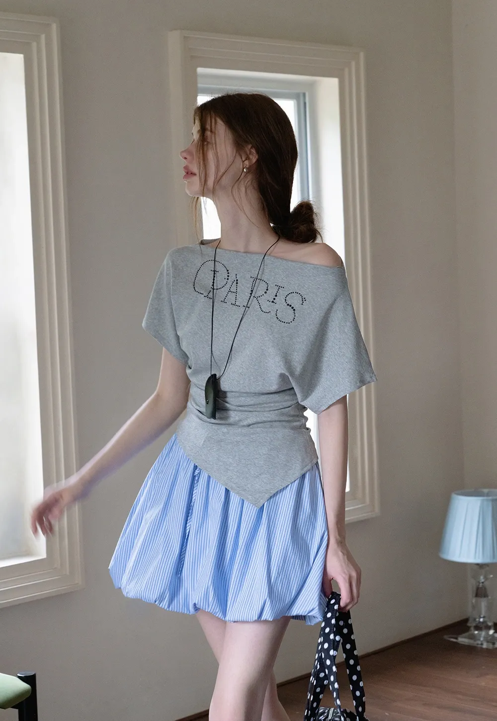 Asymmetric Off-Shoulder T-Shirt with Paris Rhinestone Lettering