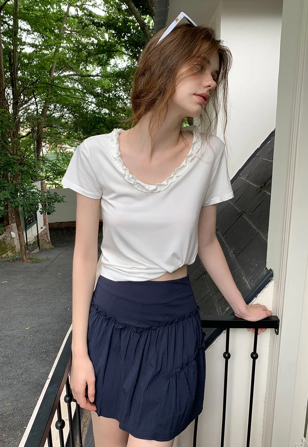 Ruffle Trim V-Neck T-Shirt