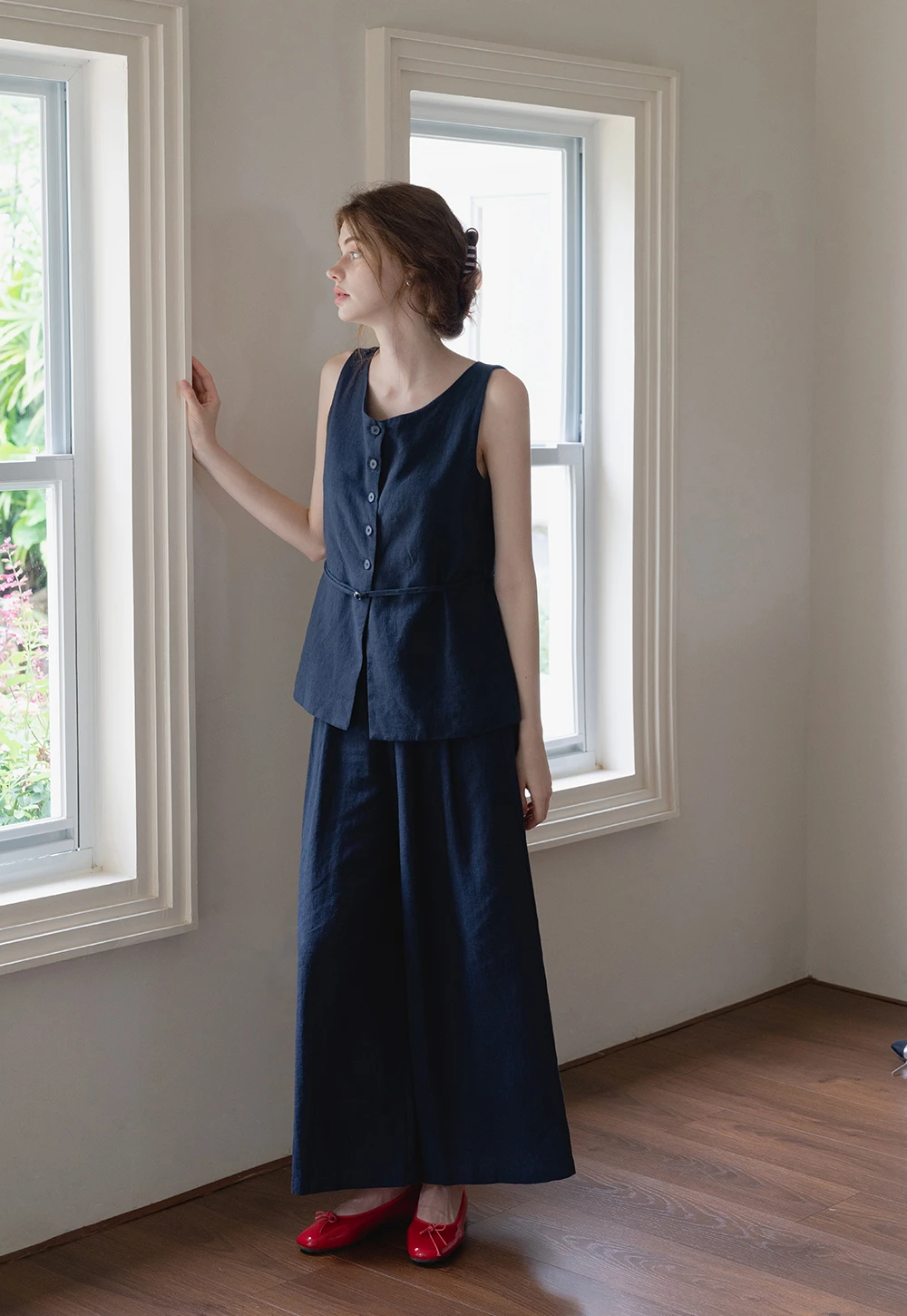 Women’s Button Vest & Wide-Leg Pants Set with Waist Cord