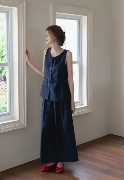 Women’s Button Vest & Wide-Leg Pants Set with Waist Cord