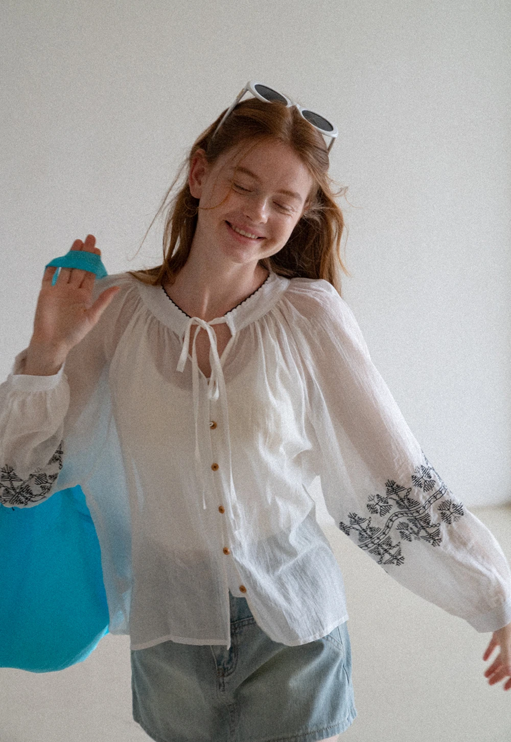 Boho Embroidered Tie-Neck Blouse