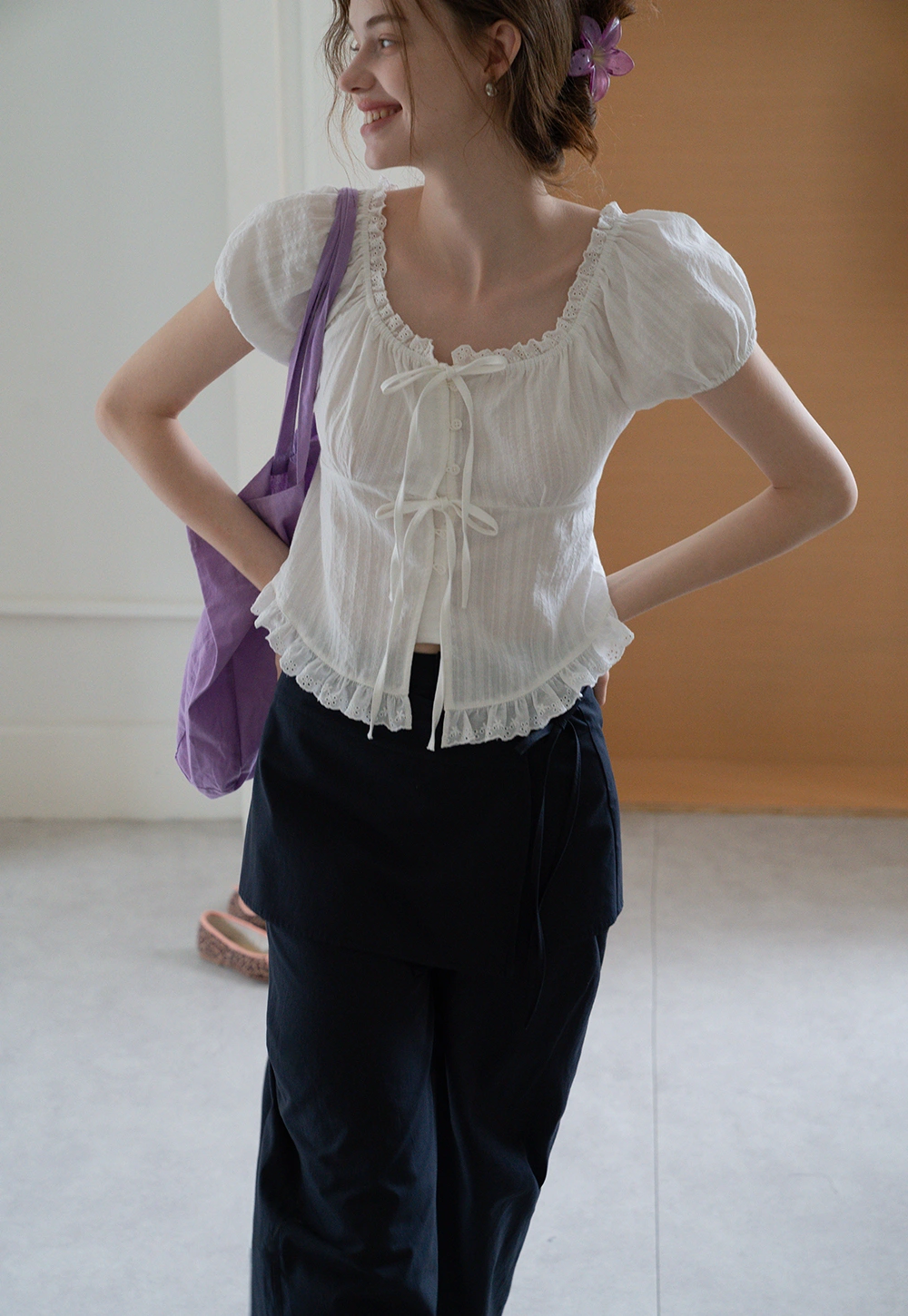 Women’s Lace Trim Tie-Front Peplum Blouse