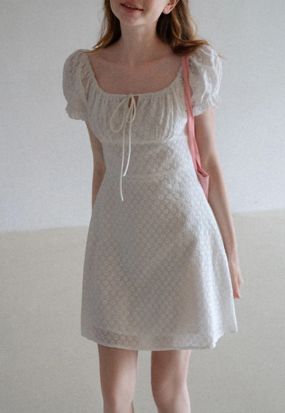 Women’s Puff Sleeve Tie-Front Eyelet Mini Dress