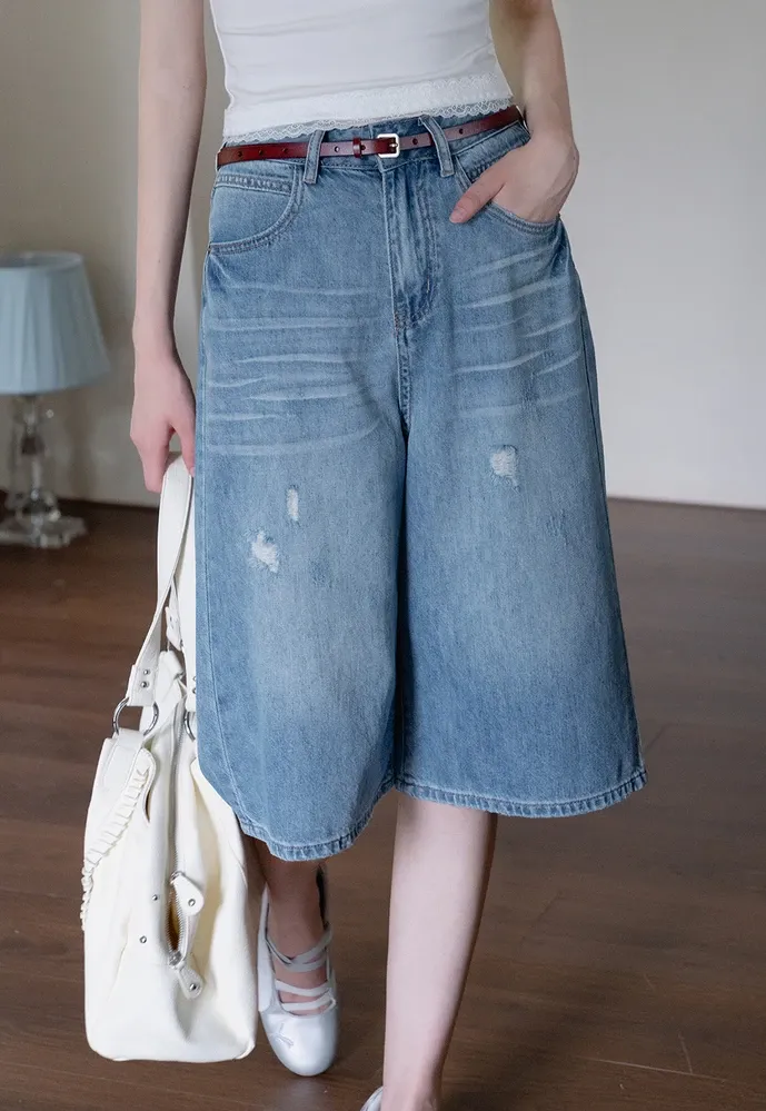 Women’s Distressed Wide-Leg Denim Bermuda Shorts