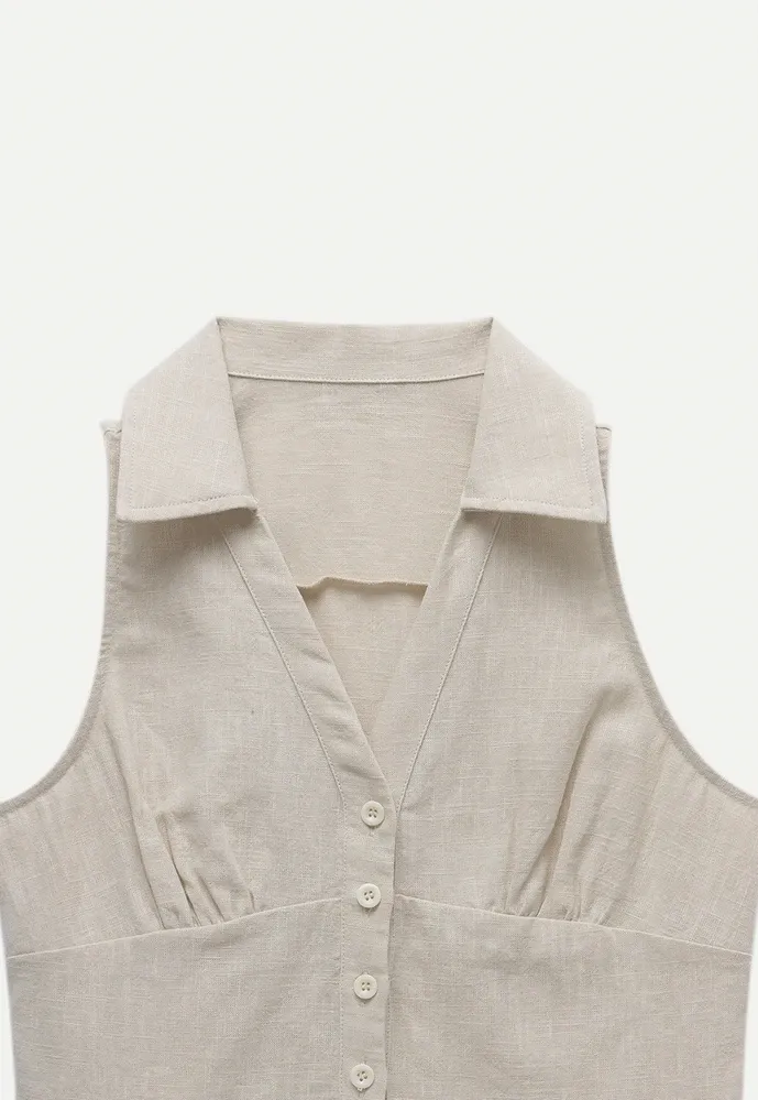 Women’s Linen Collared Button-Front Sleeveless Top