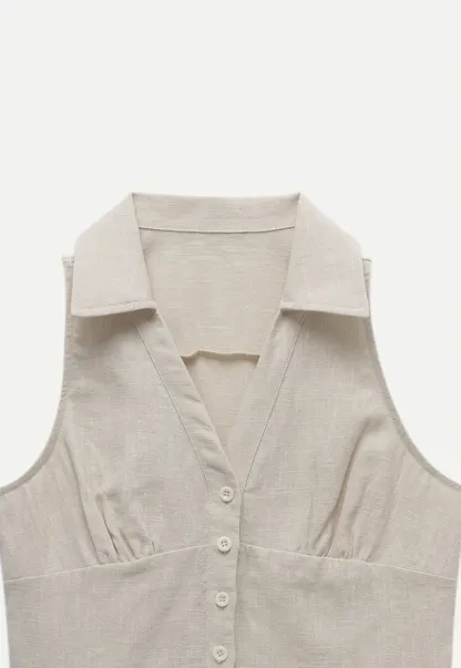Women’s Linen Collared Button-Front Sleeveless Top