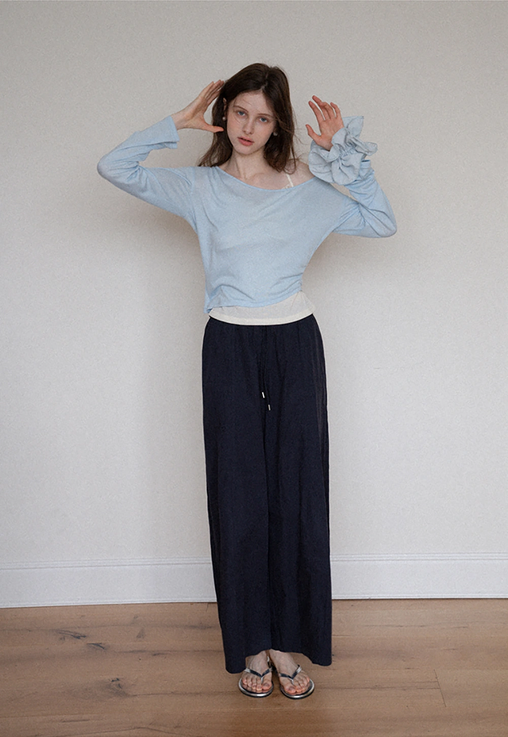 Asymmetrical Long Sleeve & Ruched Cami Set