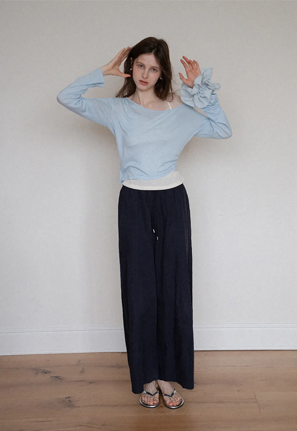 Asymmetrical Long Sleeve & Ruched Cami Set