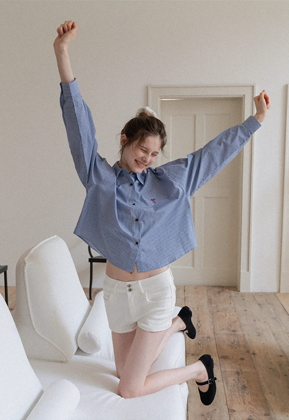 Gingham Bow Embroidered Long Sleeve Shirt