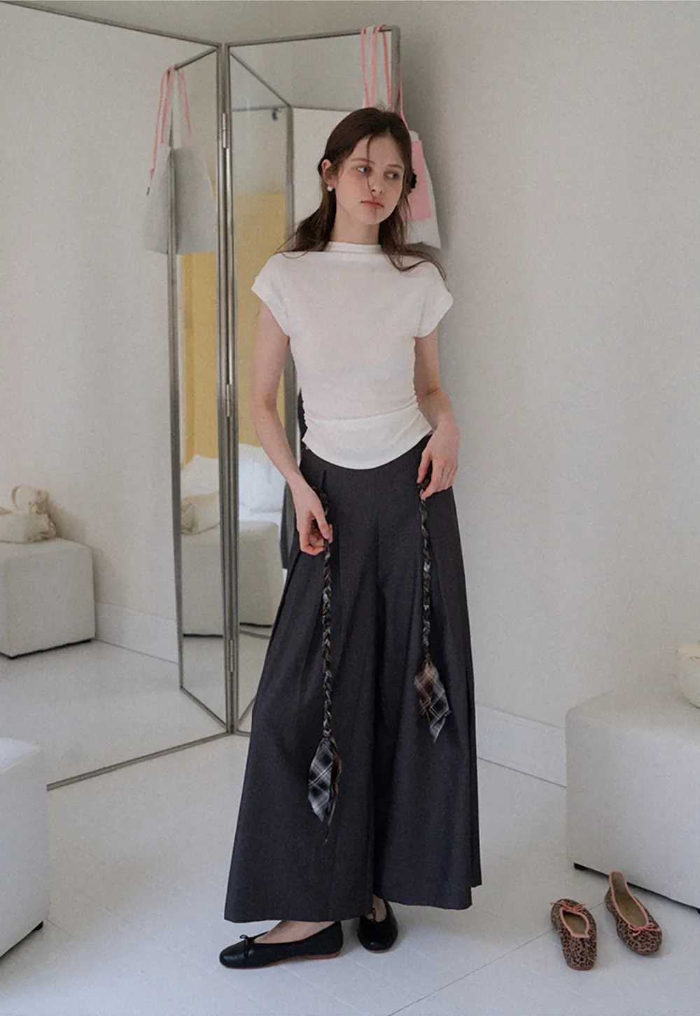 Women's Wide Leg Pleated Pants with Braided Ties