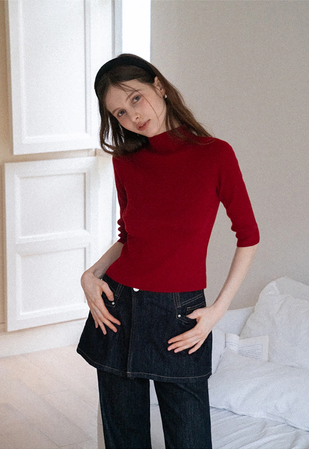 Women's Half Sleeve Mock Neck Knit Top