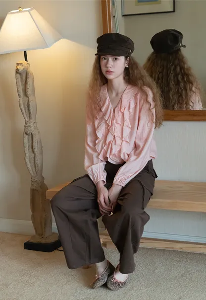 Womens Ruffle Chiffon Long Sleeve Blouse