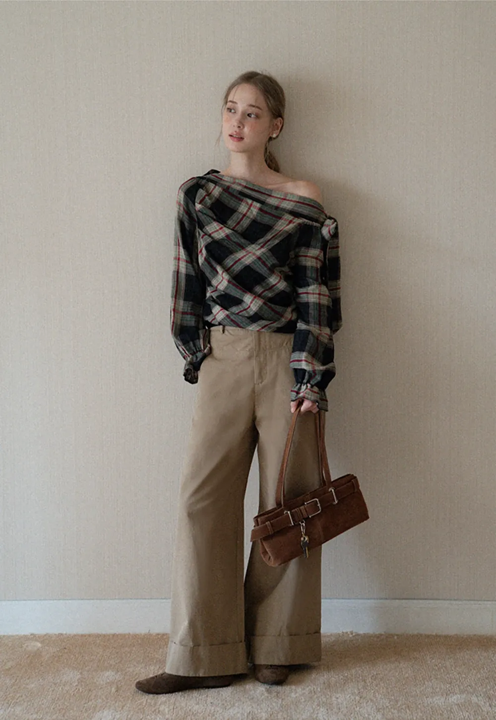 Womens Plaid Off Shoulder Tie Blouse