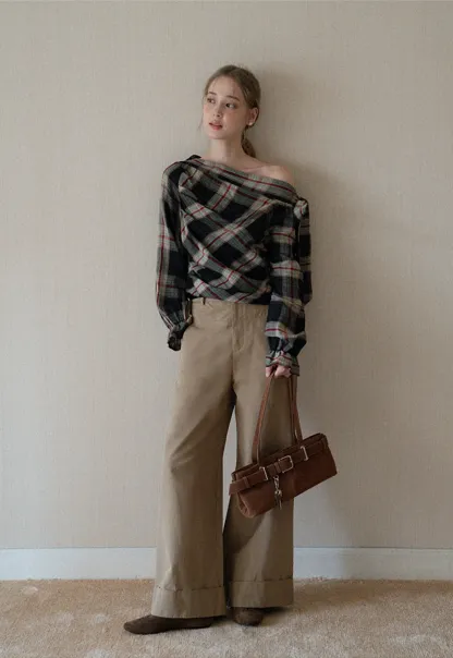 Womens Plaid Off Shoulder Tie Blouse