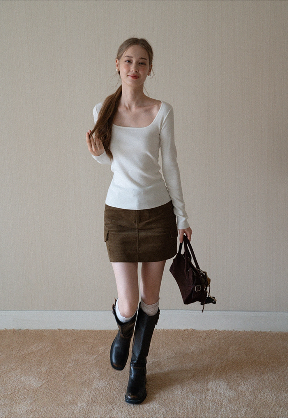 Womens Square Neck Long Sleeve Knit Top