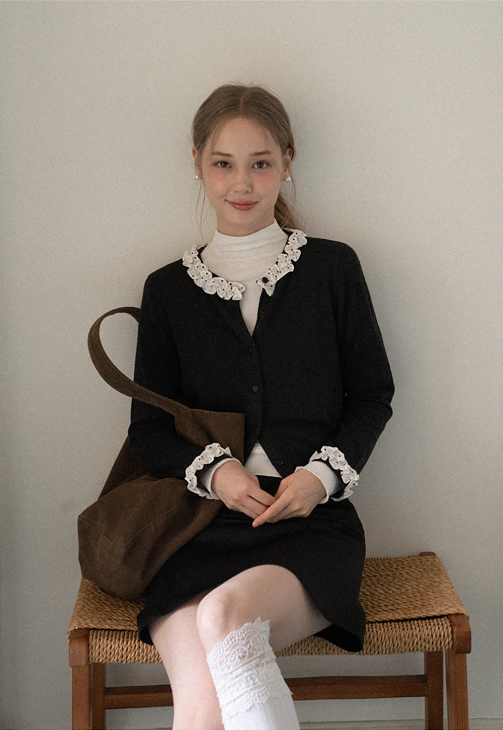 Ruffle Trim Button Down Knit Cardigan