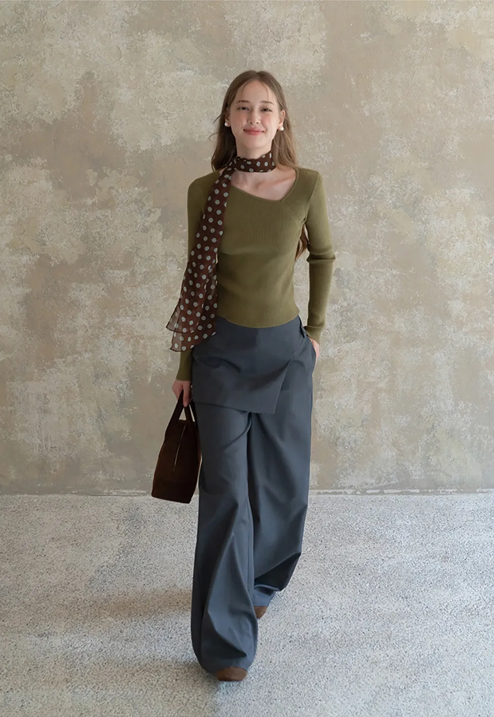 Womens Asymmetric Neck Ribbed Knit Long Sleeve Top