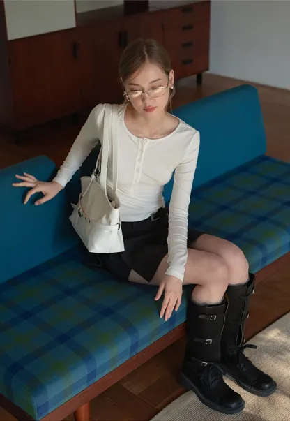 Womens Button Front Long Sleeve Henley Top