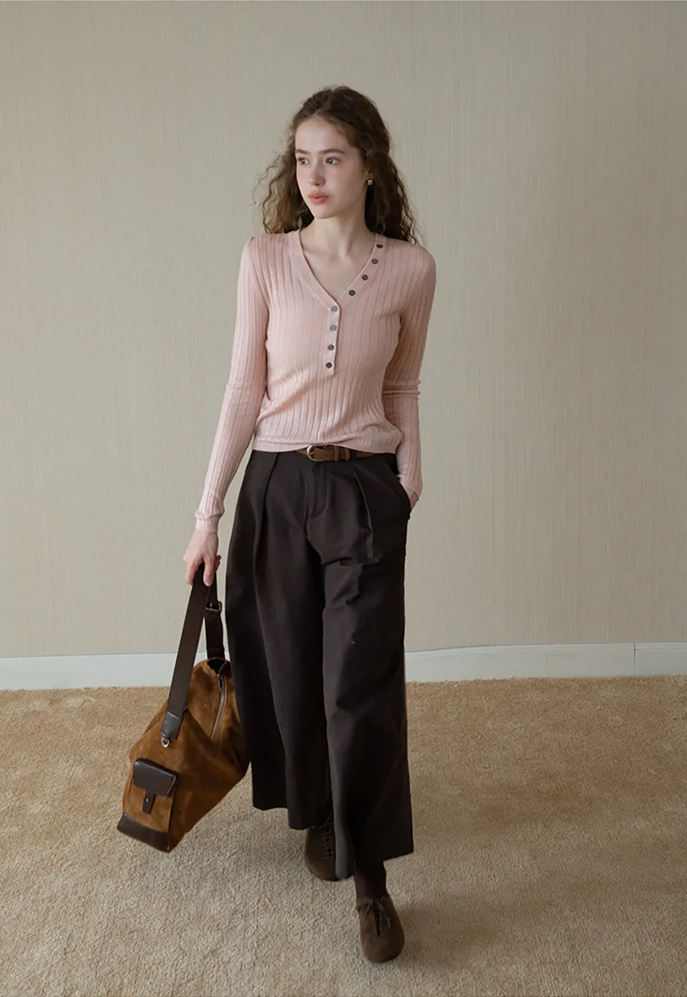 Ribbed Knit V-Neck Top with Slanted Button Detail