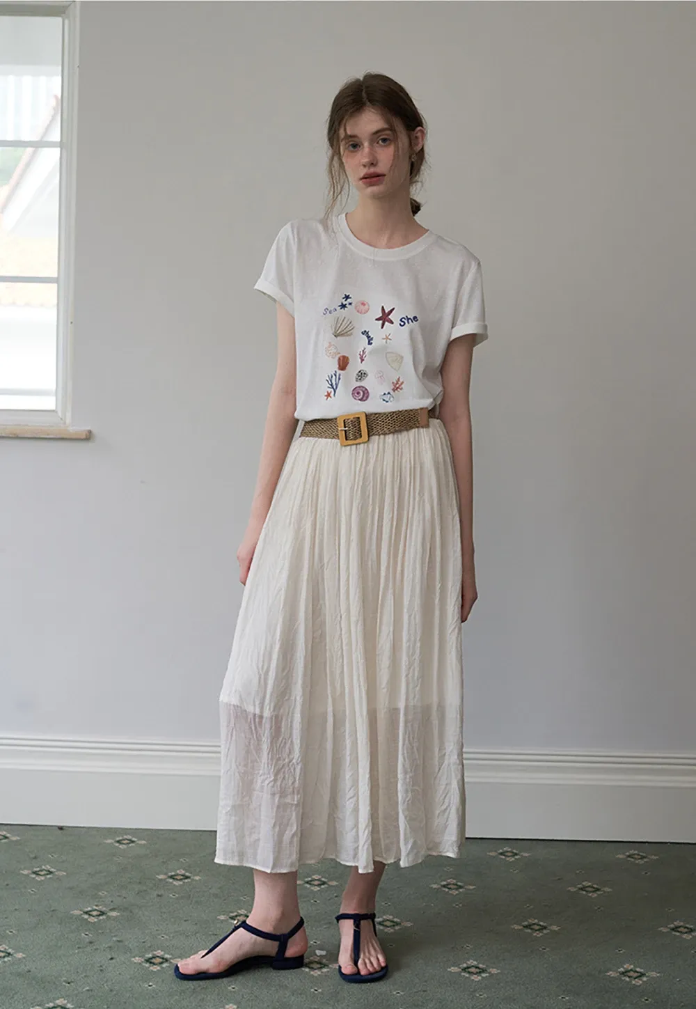 Pleated Midi Skirt with Belt