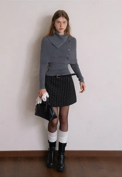 Long Sleeve Knit Top with Button Collar