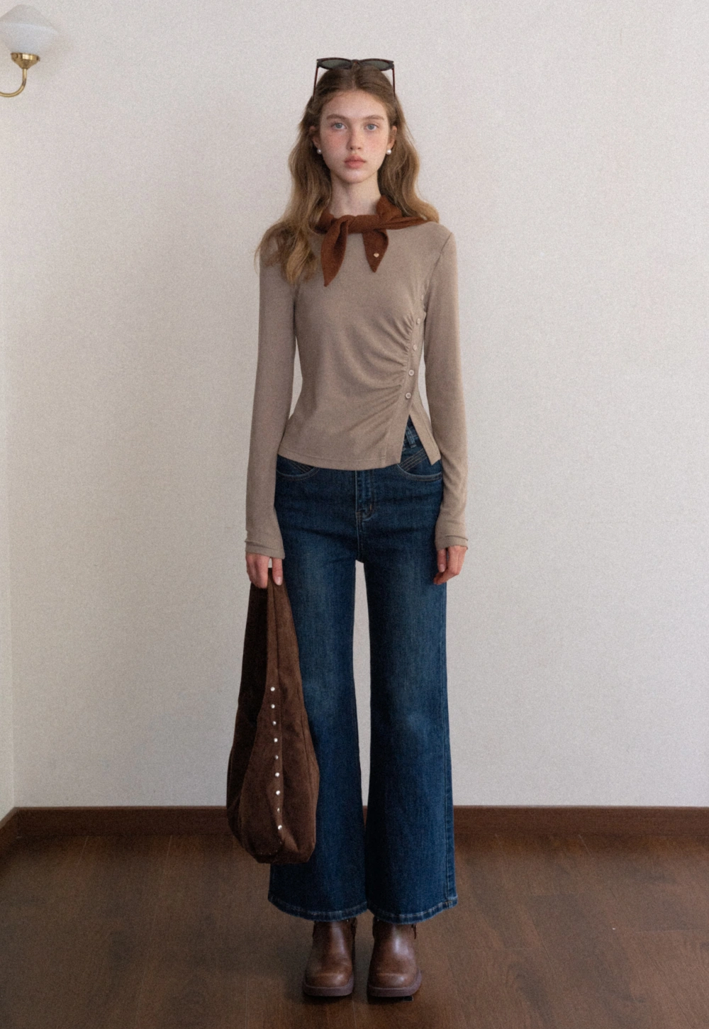 Crew Neck Long Sleeve Button Accent Top