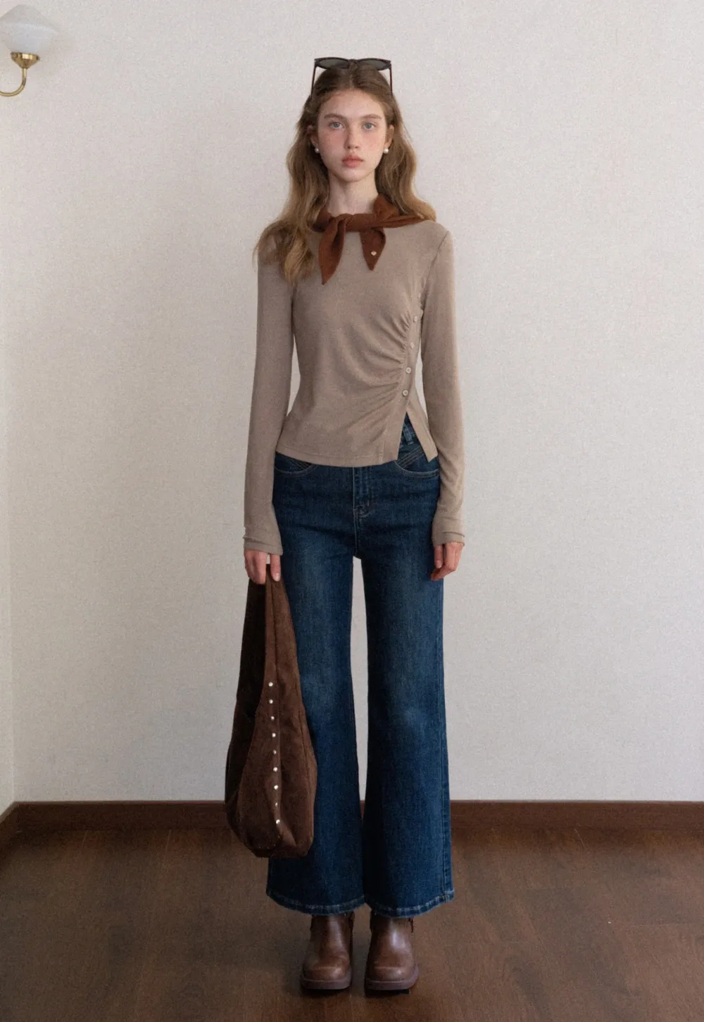 Crew Neck Long Sleeve Button Accent Top