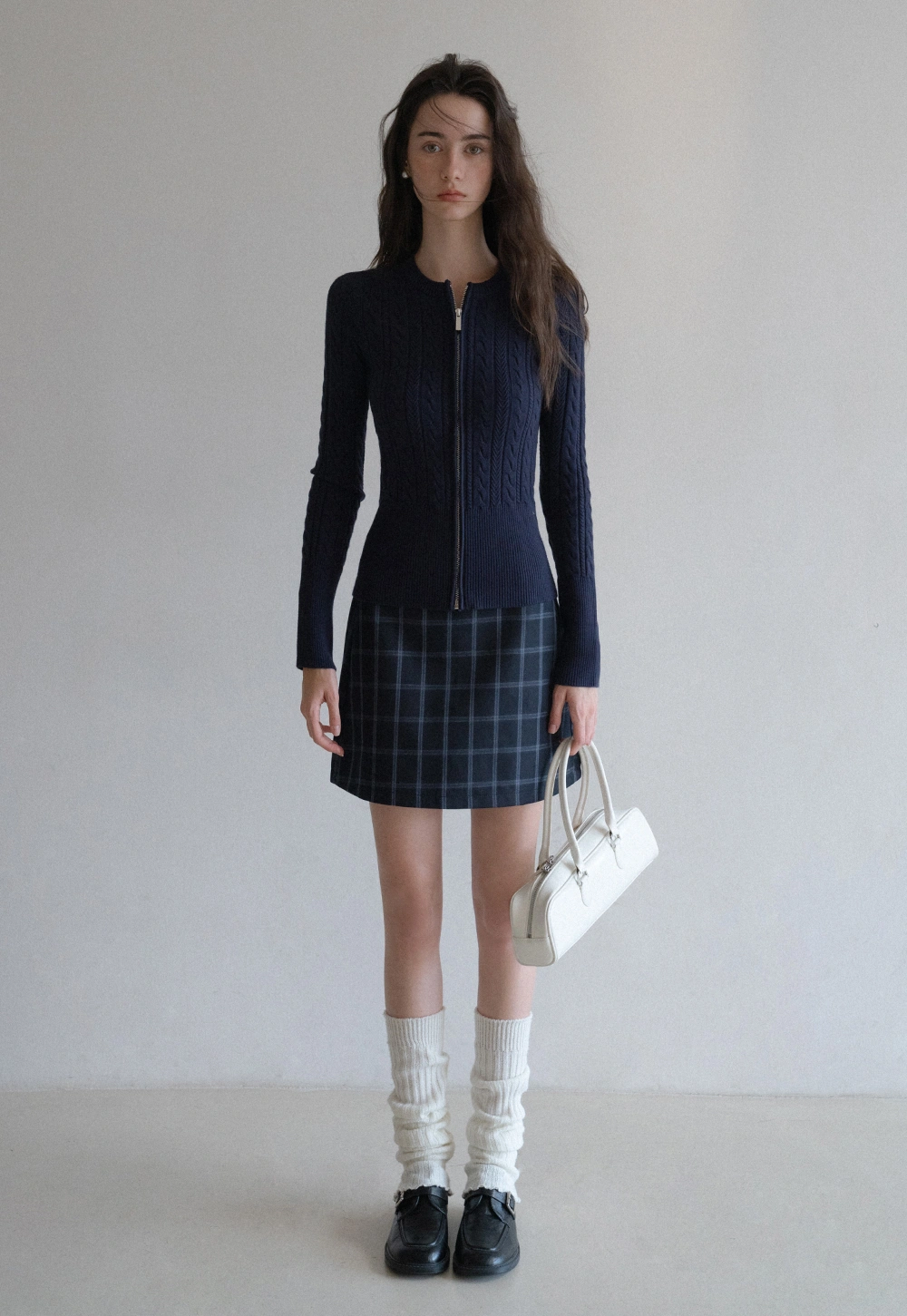 Casual Long Sleeve Cable Knit Top with Zipper