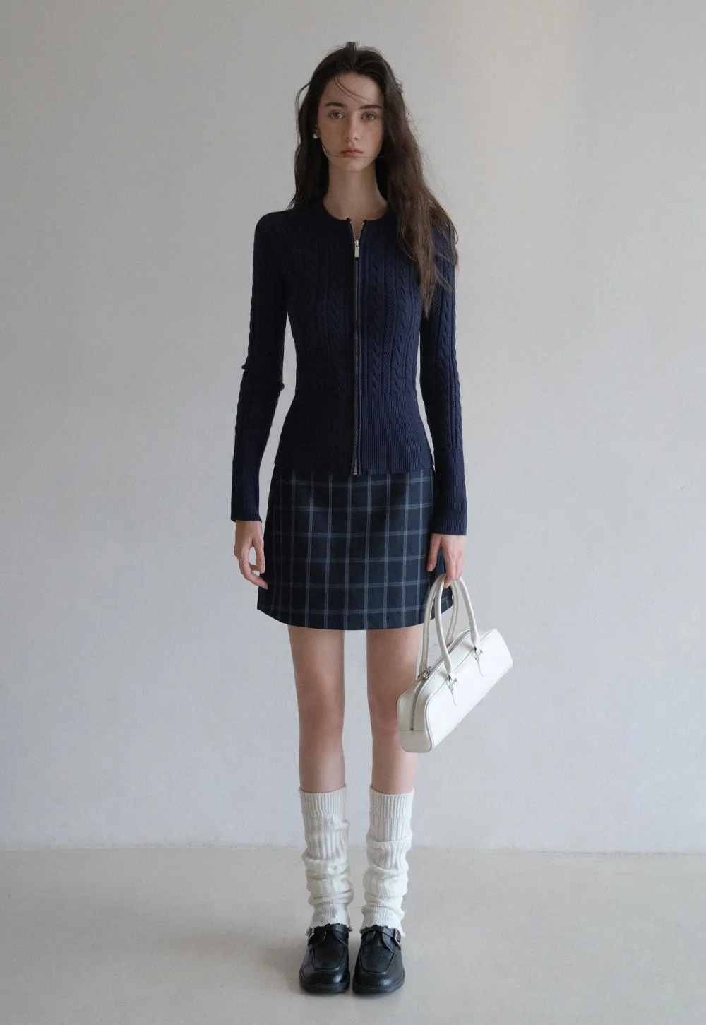 Casual Long Sleeve Cable Knit Top with Zipper