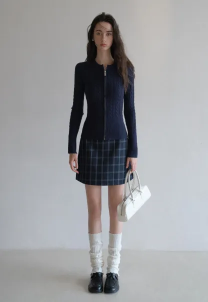 Casual Long Sleeve Cable Knit Top with Zipper