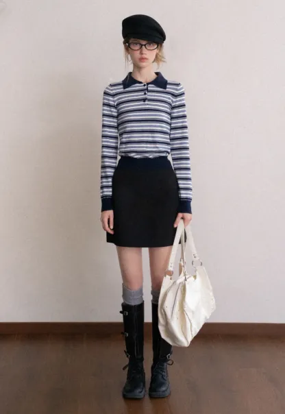 Womens Striped Knit Polo Sweater Long Sleeve