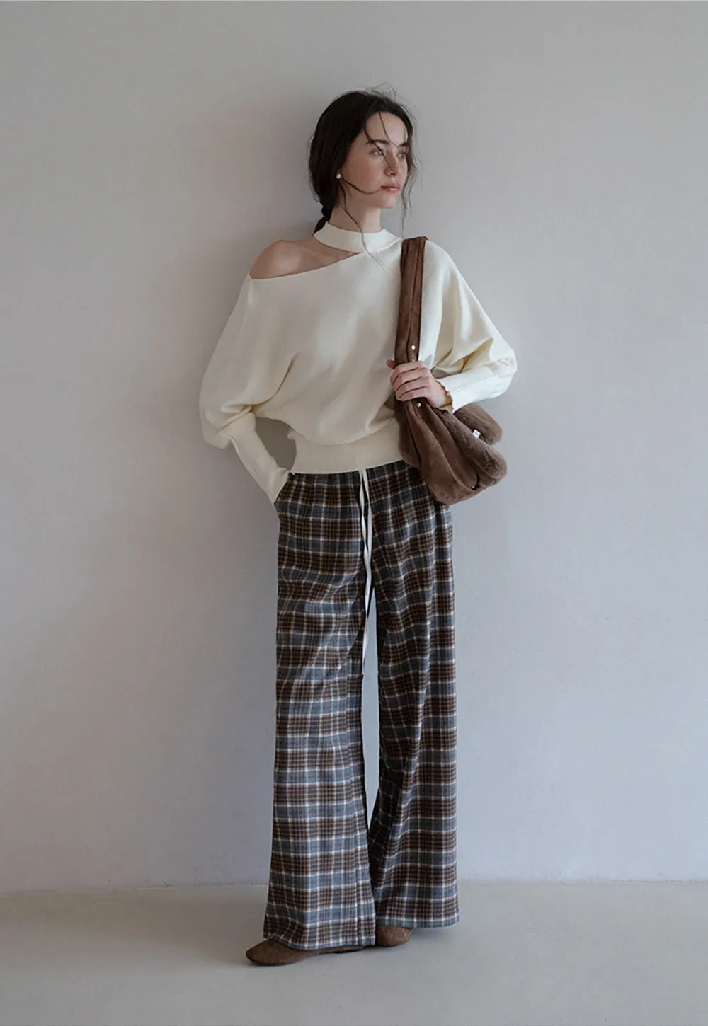 Womens Plaid Wide Leg Drawstring Pants