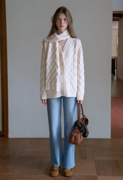 Womens Cable Knit Cardigan Sweater with Matching Scarf