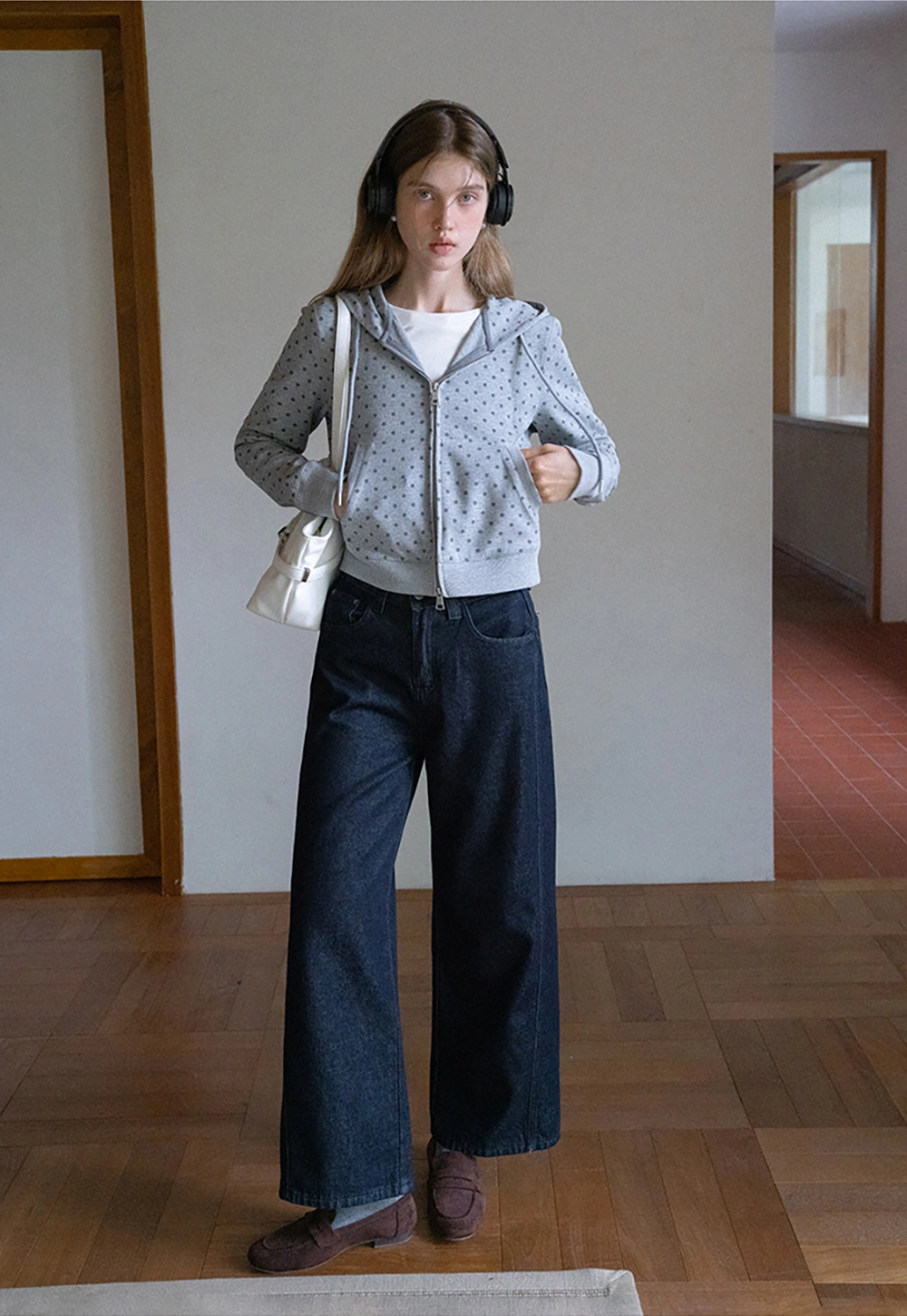 Womens Casual Polka Dot Zip-Up Hoodie