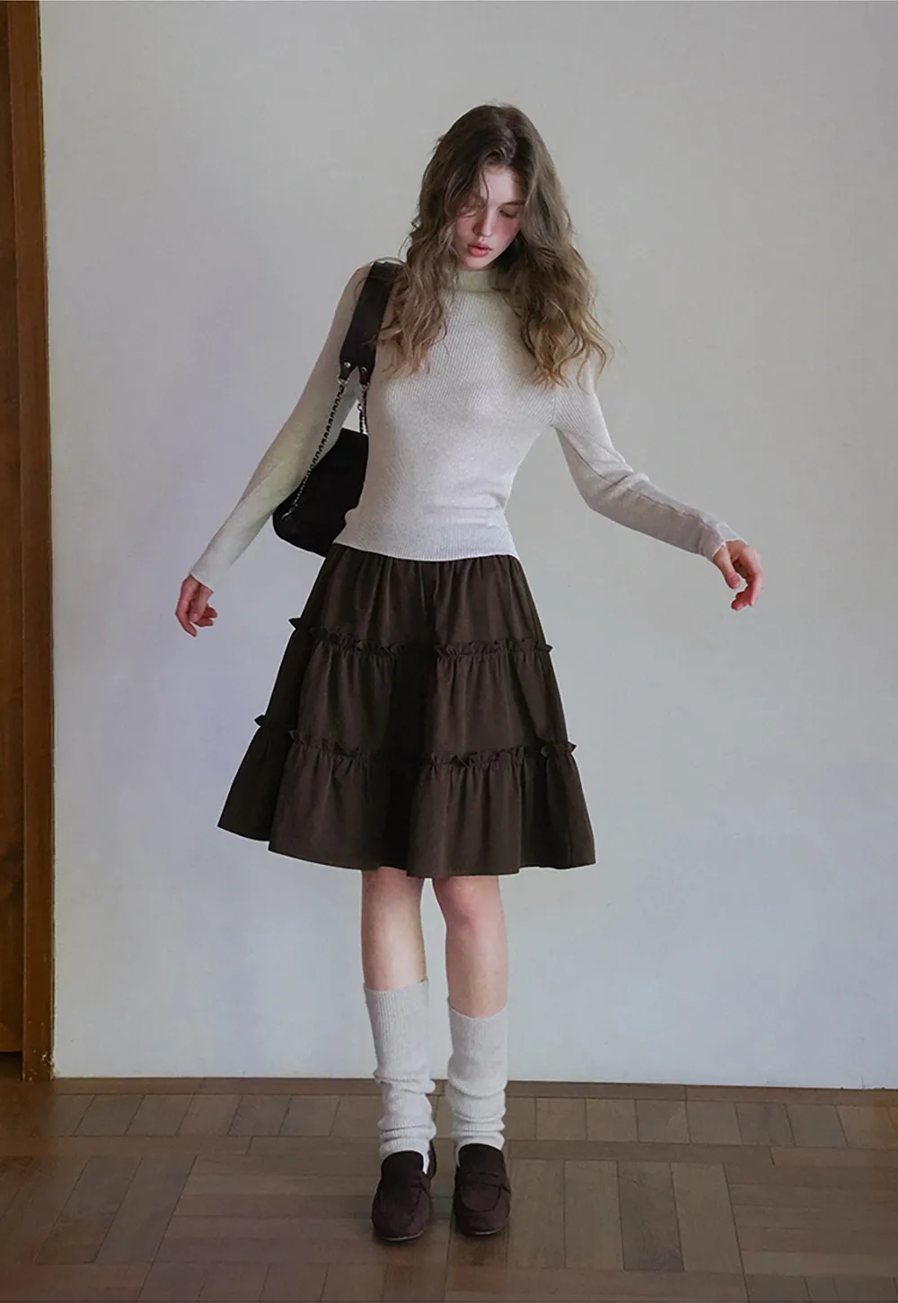 Casual Flared Midi Skirt with Layered Ruffle Detail