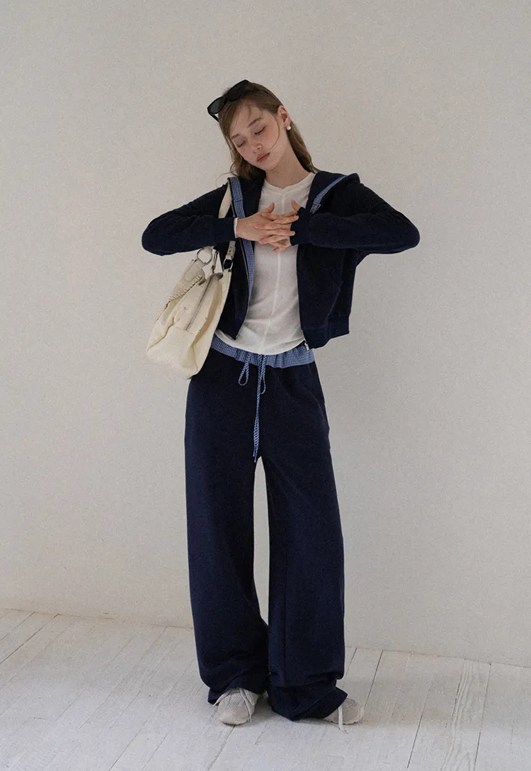 Navy Casual Hoodie and Wide Leg Pants Set