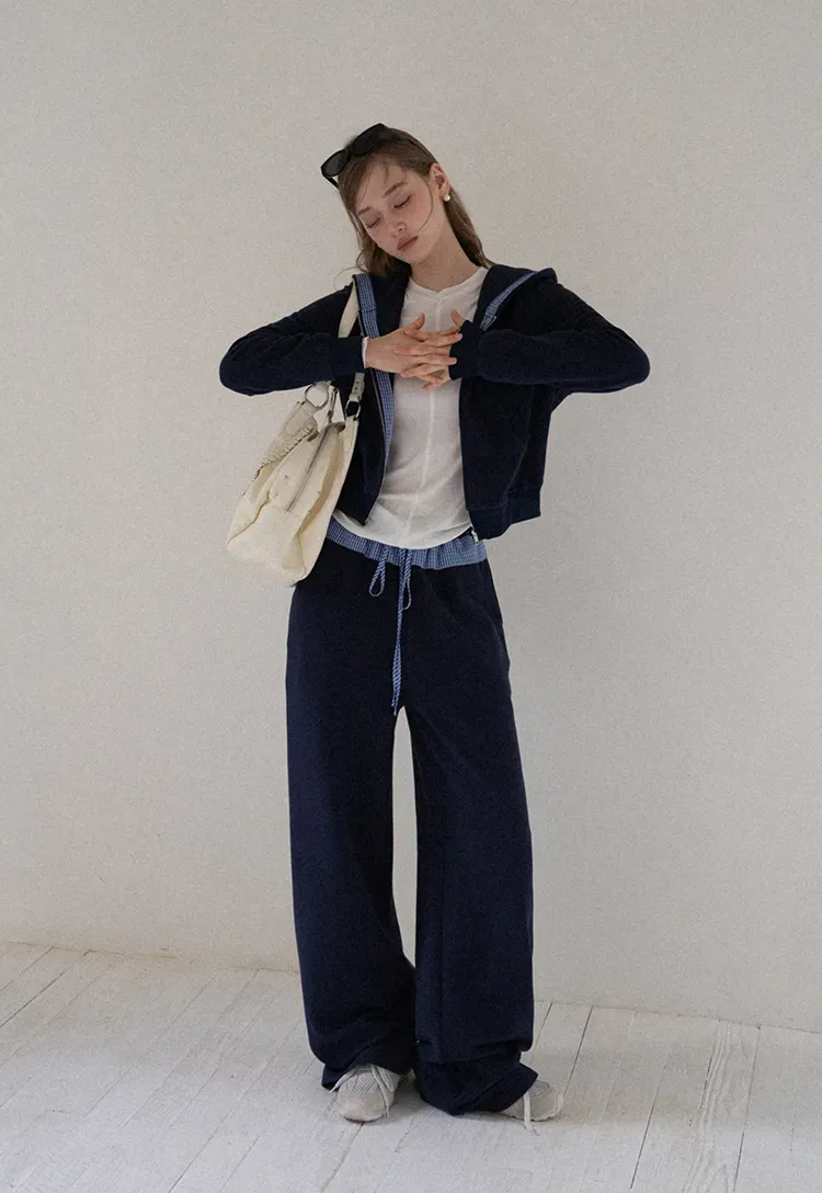 Navy Casual Hoodie and Wide Leg Pants Set