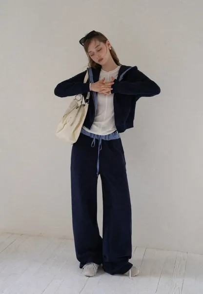 Navy Casual Hoodie and Wide Leg Pants Set