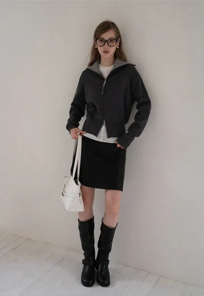 Women’s Zip-Up Knit Cardigan with High Collar