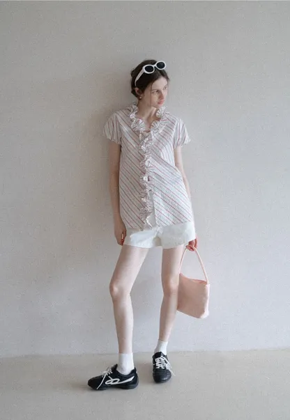 Women’s Ruffle Trim Striped Short Sleeve Blouse