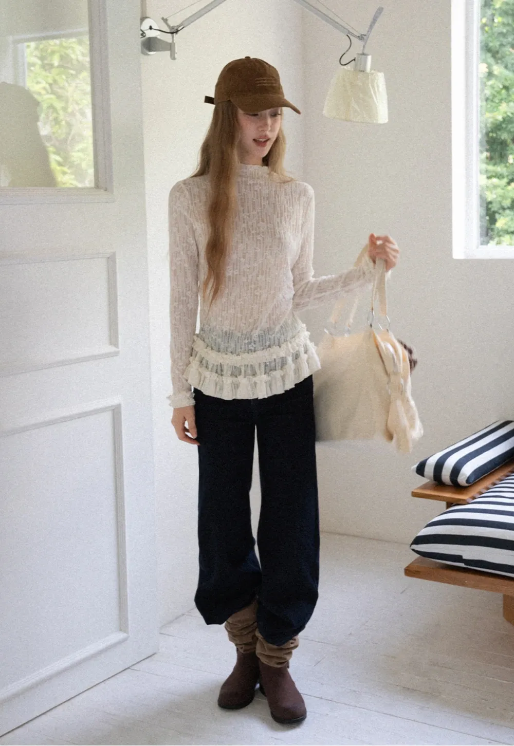 Women High Neck Long Sleeve Lace Top with Layered Ruffle Hem