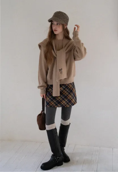 Women Faux Layered Sweater with Scarf Collar