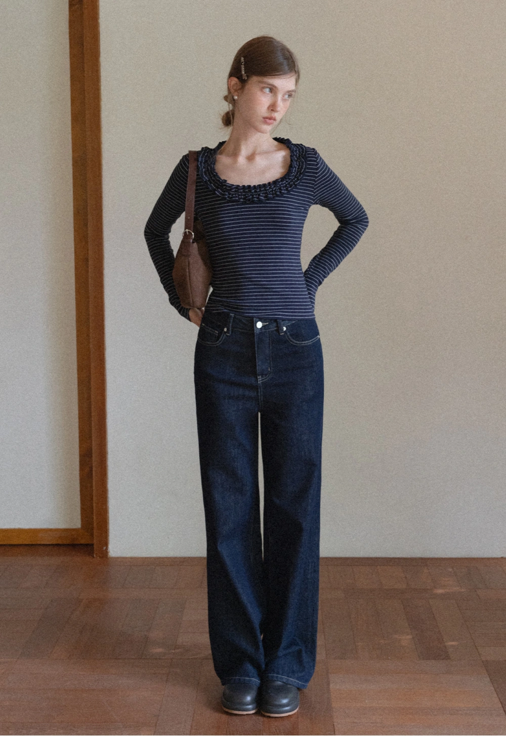 Women Striped Long Sleeve Tee with Ruffled Neckline