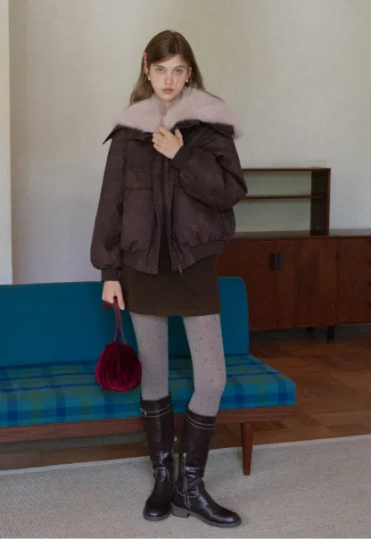 Women Fuzzy Collar Suede Jacket Warm Outerwear