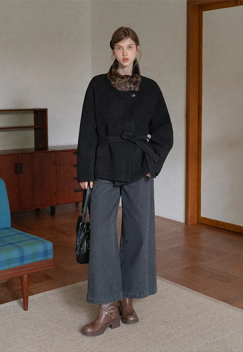 Faux Fur Trim Belted Wool Coat