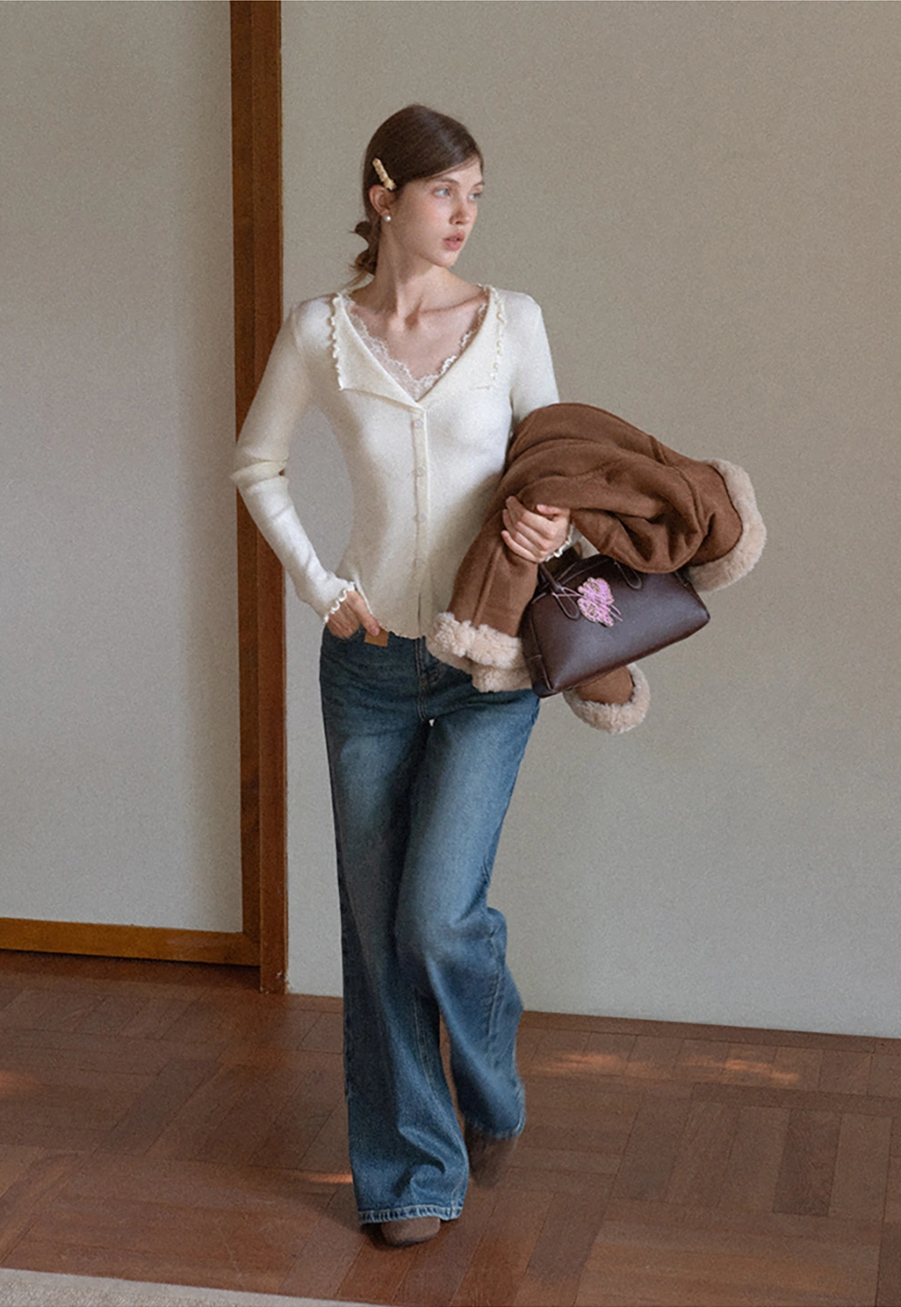 Lace Trim Ribbed Knit Top